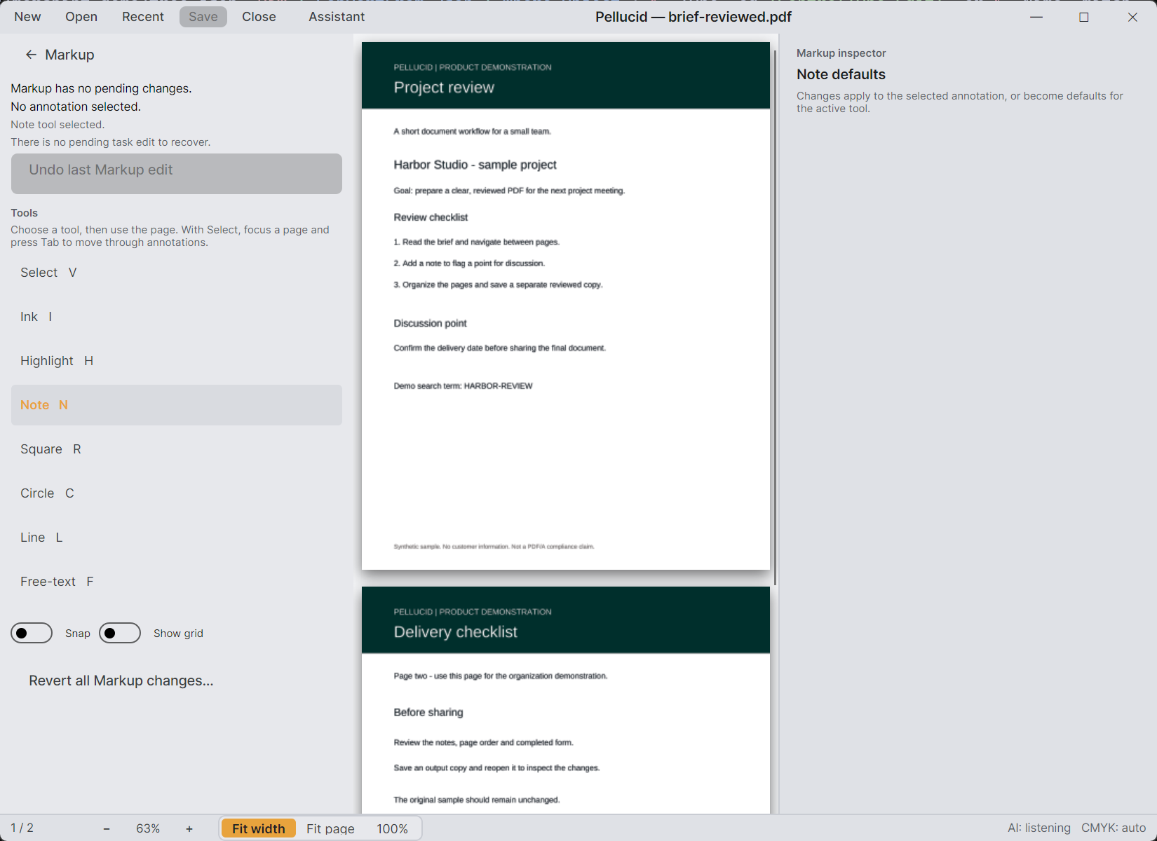 Pellucid desktop application displaying a synthetic project-review PDF, with markup tools on the left and the note inspector on the right.